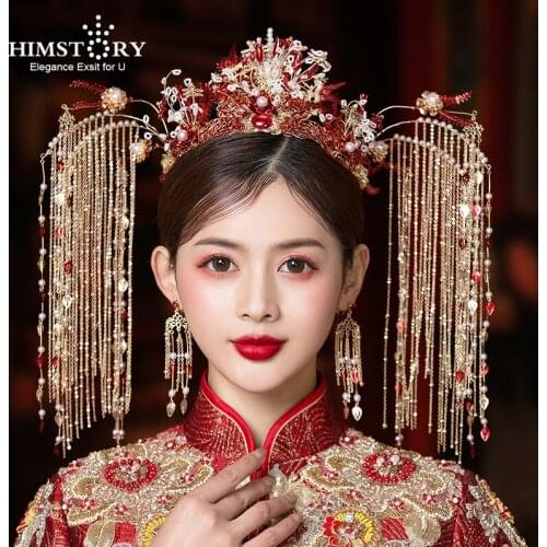 HIMSTORY Retro Chinese Headdress Crown Red Headband Catwalk Stage Wedding Hair Accessories Pearls Beaded Tassel Tiaras
