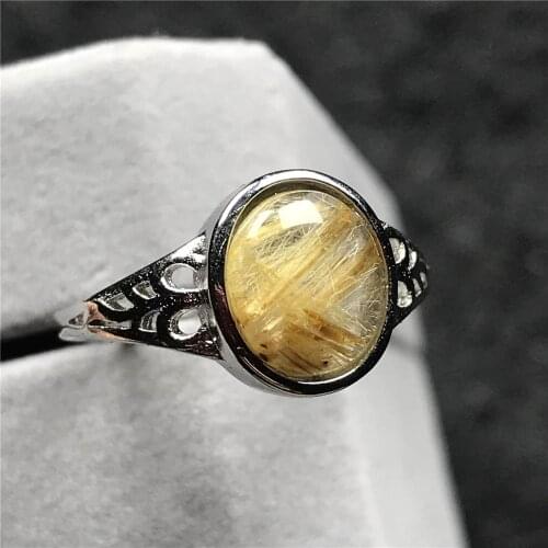 Top Natural Gold Rutilated Quartz Ring For Woman Man Crystal Lucky 11x10mm Beads Silver Gemstone Adjustable Ring Jewelry AAAAA