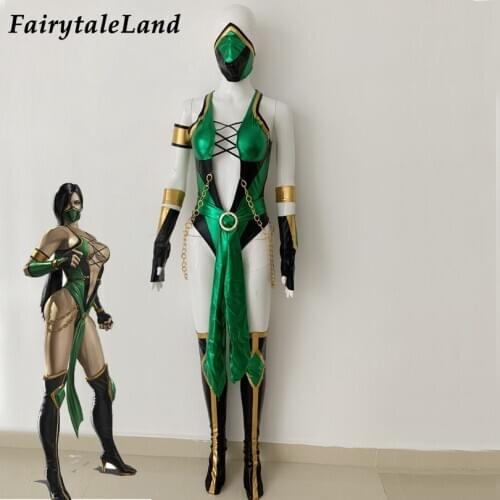 Video Game Mortal Kombat X Cosplay Jade Costume Halloween Women Sexy Jumpsuit Fancy Bodysuit Custom made