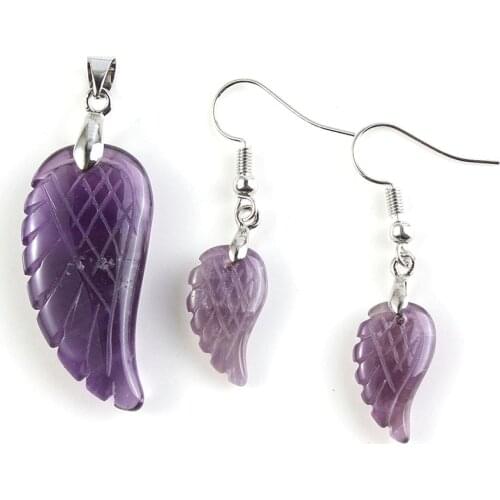 Kraft-beads Silver Plated Natural Amethysts Stone Wing of Angel Pendant Dangle Earrings Purple Jewelry Sets