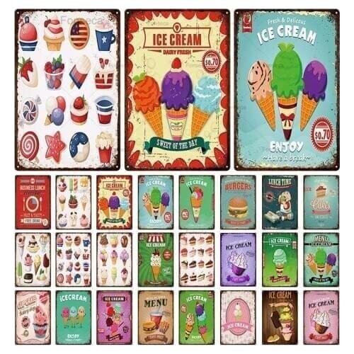 Ice Cream/Fast Food Metal Poster Plaque Vintage Bakery Kitchen Ice Cream Shop Decorative Tin Sign Shabby Chic Iron Billboard