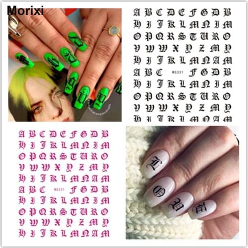 Morixi nail art sticker Archaize letters black rose gold silver white 3d back glue strips ultra thin nails foil WG065