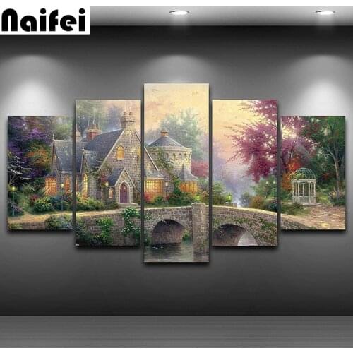 Home Decor Cross Stitch Diamond Painting Bridge Poster 5 Pieces Modular Pictures Classic Landscape DIY Diamond Embroidery,Art