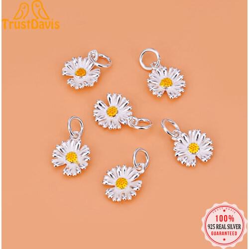 TrustDavis Fashion Real 925 Sterling Silver Refreshing Daisy Charms Pendant For Bracelet Necklace DIY Accessories Jewelry HY008