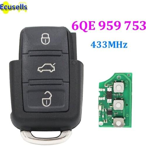 Keyless Entry 3 Buttons Remote Key Fob TRANSMITTER 6QE 959 753 433MHz for Volkswagen VW SHARAN FOX GOL SAVEIRO 6QE959753