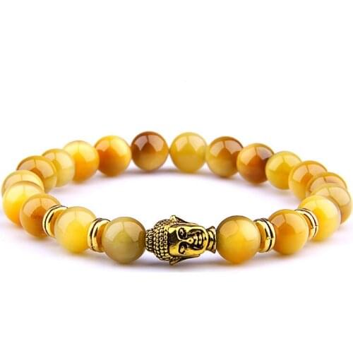 Handmade Beaded Bracelet Natural Tiger Eye Buddha Head Charm Bracelet Women Men Jewelry