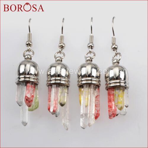 BOROSA 10Pairs Tiny Crystal Quartz Silver Color Drop Earrings, Mixed Colors Druzy Natural Quartz Dangle Earrings Jewelry WX818