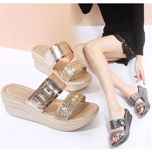 Slippers Womens New Fashion Outer Wear Sandals and Slippers Womens Thick-soled Wedges with Sequins Bow-knots Shoes Woman