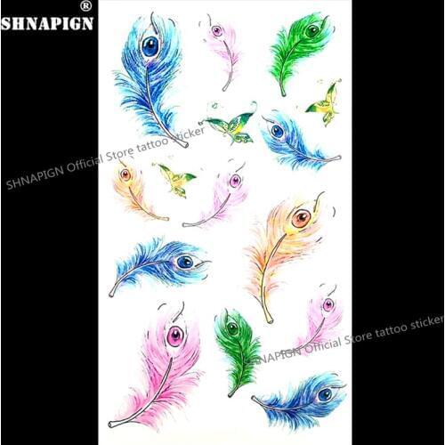 SHNAPIGN Rainbow Feather Temporary Tattoo Body Art Arm Flash Tattoo Stickers 17*10cm Waterproof Fake Henna Painless Sticker