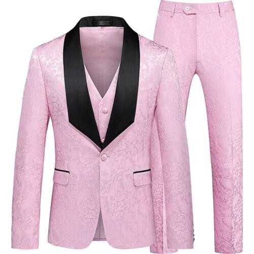 Wedding Three Pieces Blazers+Trouser+Vest Suit Men Pink 5 Colors Slim Fit One Button Grooms Marriage Party Dress Suit Jacquard