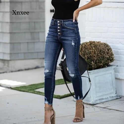 Spring and Autumn Womens Season Ripped Pencil Denim Womens Pants Solid Color High Waist Long Fashion Street Casual Womens Pan