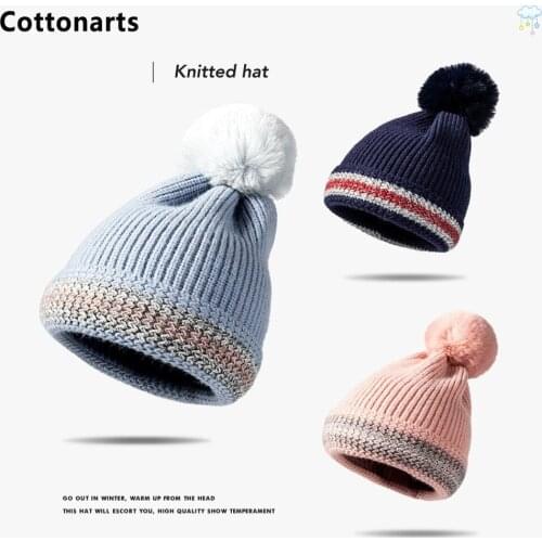 Fur Ball Pom Pom Knitted Hat Striped Winter Hats for Women Wool Thicken Warm Beanies Skullies Cap Streetwear Brimless Hat Chapéu