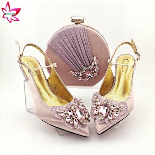 2021 New Design Shoes and Bag for Evening Dress in Pink Color Nigerian Women Sandals with Shinning Crystal for Party