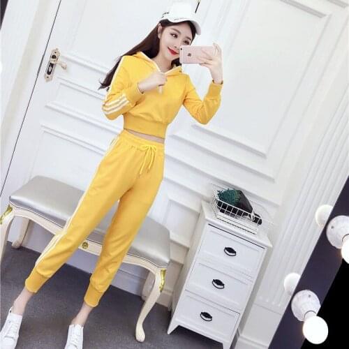 Spring Casual Side Striped Tracksuit Two-Piece Sets Women Outfit Korean Hooded Long Sleeve Crop Tops + Pencil Pants Jogging Suit