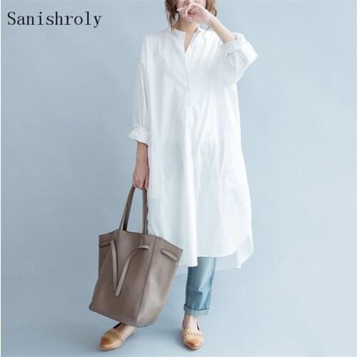 Woman Long Shirt Dress 2021 Spring Autumn Korea Casual Loose Split Cotton Oversized Dress Lady White Maxi Robe Dresses Clothing