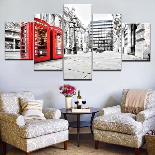 5 Pcs/Set Frame HD Printed Street View London Grey Red phone booth Canvas Art Modern Painting Poster Home Decorative Picture Art
