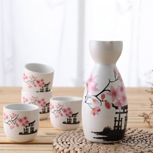 5 PCS/Set Ceramics Sake Serving Set Household Wine One Pot Four Cups Cherry Blossoms Pattern Liquor Ceramic Antiqu Sake Wine