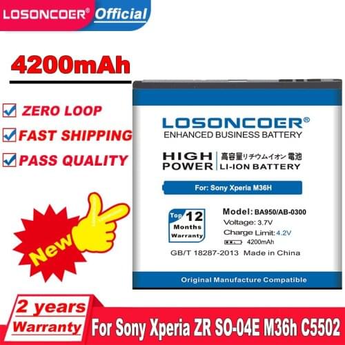 LOSONCOER 4200mAh BA950 Battery For Sony Xperia ZR SO-04E M36h Battery C5502 C5503 AB-0300