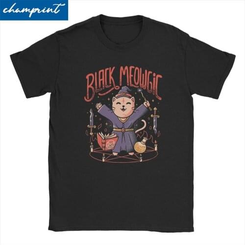 Black Meowgic Cute Evil Cat T Shirt Men Womens Cotton Vintage T-Shirt Crew Neck Japan Retro Monster Kaiju Tees Plus Size Tops