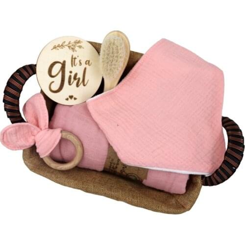 100% Organic Cotton baby bath brush set toy bunny teether rattle milestone new born Gift Sets With Gift Box