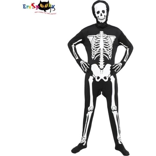 Eraspooky Halloween Men Skeleton Jumpsuit Costume Scary Skull Skin Full Body Tights Suit For Adult Day Of The Dead Fancy Dress