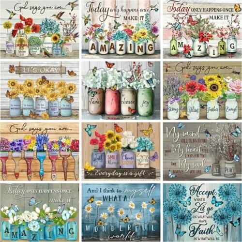 HUACAN Full Square/round Diamond Painting Sunflower Vase DIY Decor Diamond Embroidery Mosaic Text Floral Butterfly Wall Sticker