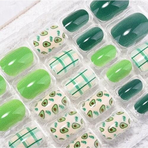 Fruit green Fake Nail arts 24PCS Fake Nails Decor children Self Adhesive Acrylic Nail Tips Press On Nails DIY Art Kids Manicure