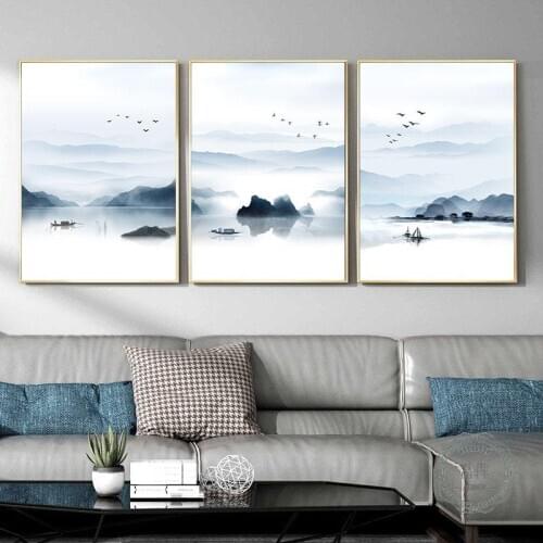 Mountain Boat Lake Landscape Canvas Poster Chinese Ink Painting Wall Art Print Minimalist Scenery Pictures for Modern Home Decor