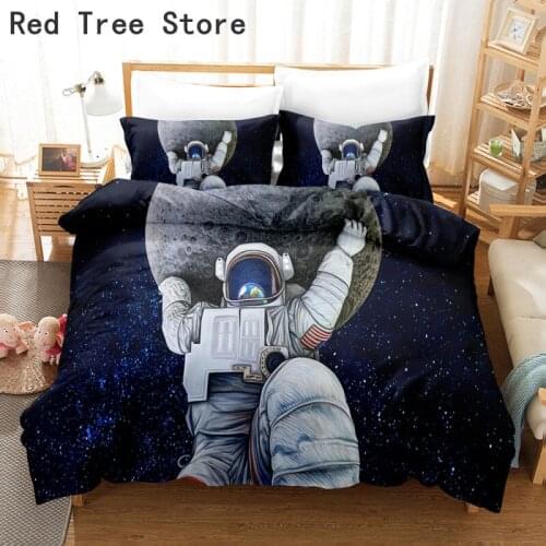 Moon Astronaut Full Print Bedding Set Single Double King Size Planet Comforter Quilt Bedclothes Duvet Covers 2/3pcs Microfiber