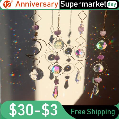 Natural Stone Crystals Windchime Moon&Sun Catcher Handmade Wind Chime Hanging Pendant Lighting for Window Curtains Home Decor