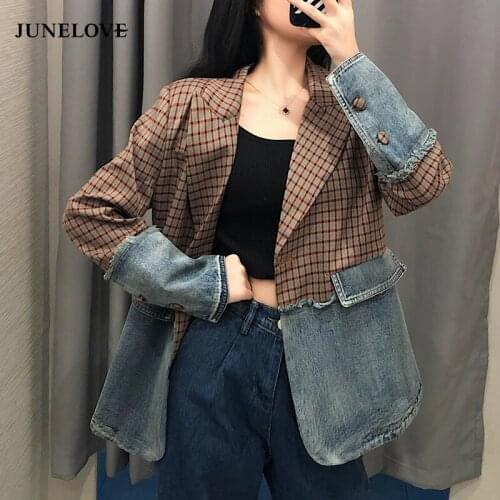 JuneLove 2020 Spring Autumn Women Loose Korean Denim Coat lady Plaid Matching Suit Jacket female splice patchwork work jackets