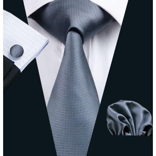 LS-386 Hot New Men`s Tie Dimgray Solid 100% Silk Jacquard Woven Tie Hanky Cufflink Set For Men Formal Wedding Party Business