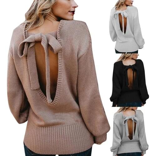 2020 Fashion Women Autumn Solid Color O Neck Backless Back Bow Tie Knitwear Sweater Solid Color Pullover Womens Sweater Top