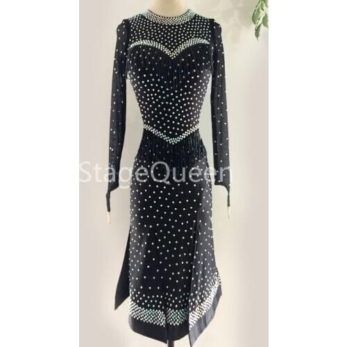 Customizable Black Sparkly Rhinestones Women Latin Dance Dress Long Sleeves Design Dance Ballroom Dancing Competition Dresses