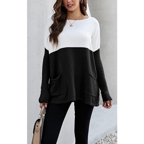 New Loose Knit Long Sleeve Sweater Pullover Soft Cool Pocket Pullover Top Round Neck Loose Wool Autumn Warm Sweater