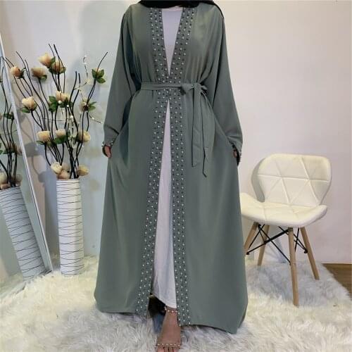 Bead Border Open Front Kimono Abaya Cardigans Hijab Dress Muslim Women Islamic Clothes Turkey Dubai Abaya Kaftan Robe Modesty
