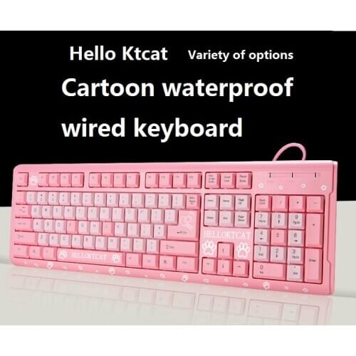 Helloktcat pink wired keyboard cute USB ultra-thin cartoon cat home laptop keyboard