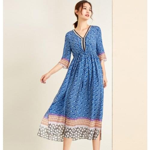 Blue Geometric Floral Silk Crepe Dresses Women Fashion 2021 Summer Long Casual Sexy Office Work Daily Dress Plus Size Slim Fit A