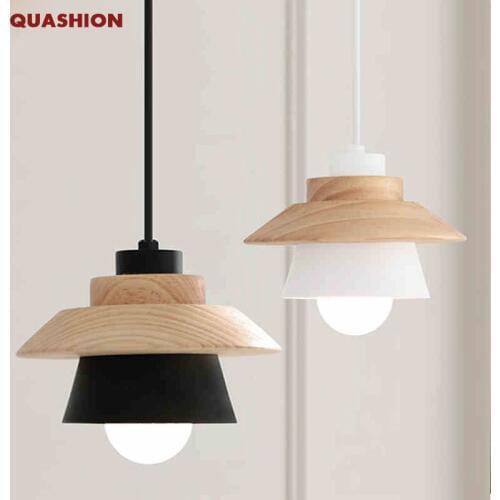 Nordic Contracted Decor Pendant Lights Suspension Luminaire, E27 Aluminum+Wood Pendant Lamp Modern Light Fixtures Black White