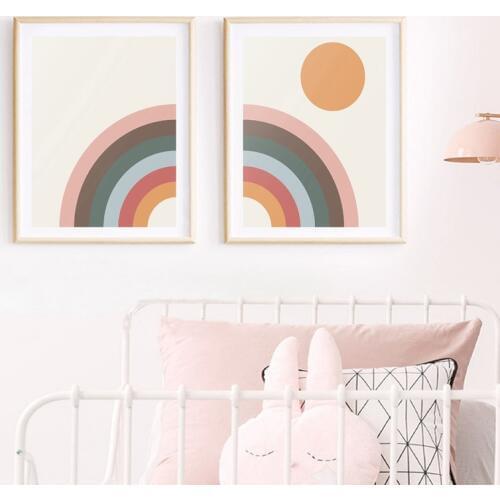 Mid Century Modern Rainbow Art Canvas Painting Prints Minimalist Rainbow & Sun Poster Retro Scandinavian Nursery Wall Art Decor