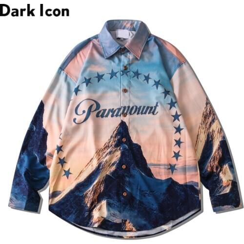 Dark Icon Printed Long Sleeve Mens Shirt Turn-down Collar Shirts for Men Streetwear Clothing