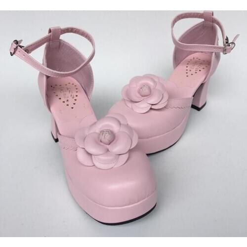 Womens Round Toe 3D Flowers Genuine Leather Platform Block Chunky High Heel Retro Lolita Cosplay Pumps Shoes Vintage Pink