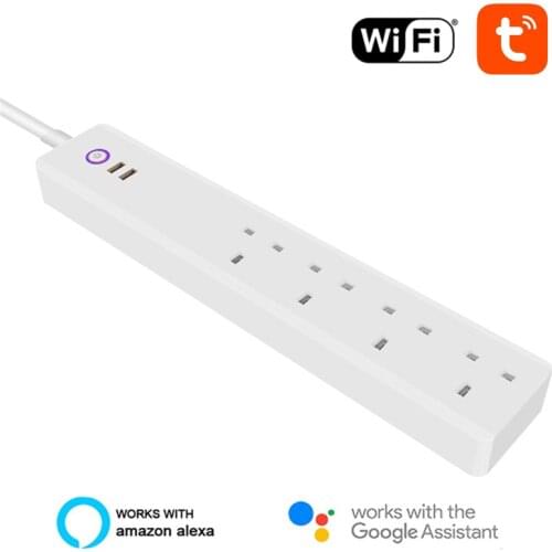 Smart Power Strip 10A/13A UK Smart Power Bar Multiple Outlet Extension Cord with 2 USB and 4 AC Plugs by Tuya