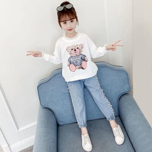 Girls Spring Autumn Suits 2021 New Solid Color Stitching Fashionable Long-Sleeved Casual Jeans Two-Piece Suit