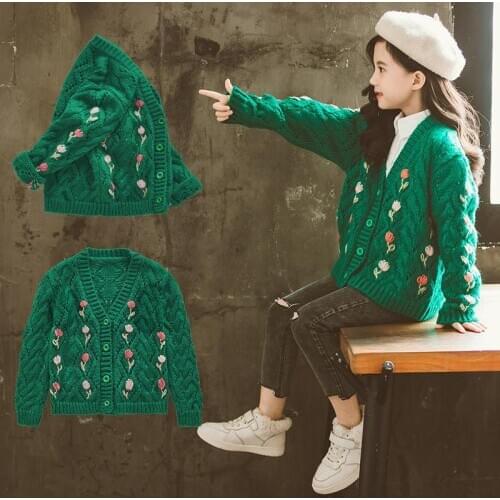 2020 Autumn and Winter Girls Sweater Embroidered Knitted Cardigan Sweater Baby Girl Casual Sweater Coat Button Kid Girl Clothes