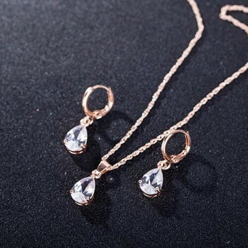 Copper Crystal Jewelry Sets Real Golden Plated Water Drop Party Necklace + Earrings Per Set For Women Engagement Free Gift