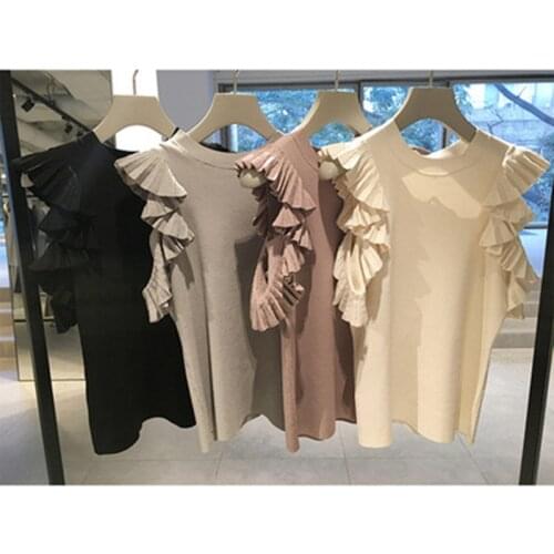 New summer 2021 new sweetly lotus edge pleated open shoulder T-shirt woman