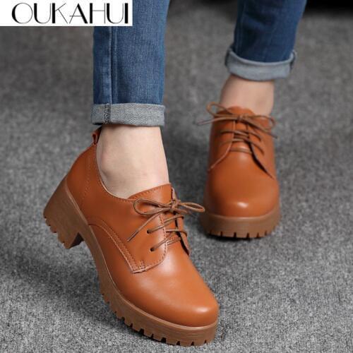 OUKAHUI Spring\Winter British Style Leather Shoes Women Square Heel Flat Platform Shoes Woman Lace-Up Oxford Shoes For Women