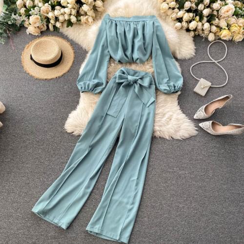 Women New Fashion Slash Neck Long Sleeve Fold Thin Short Tops +female Tie Belt High Waist Broad Leg Trousers Two Piece Sets P821