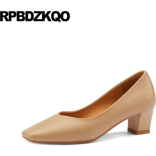 Office Retro 2021 Pumps Handmade Small Size Medium Heels Square Toe Black Work Shoes Women Leather Nude 33 High Genuine Thick